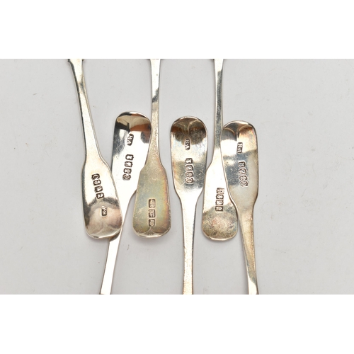 158 - SIX FIDDLE PATTERN TEA SPOONS, each engraved with initials to the terminal, Sponsors mark on four 'R... 