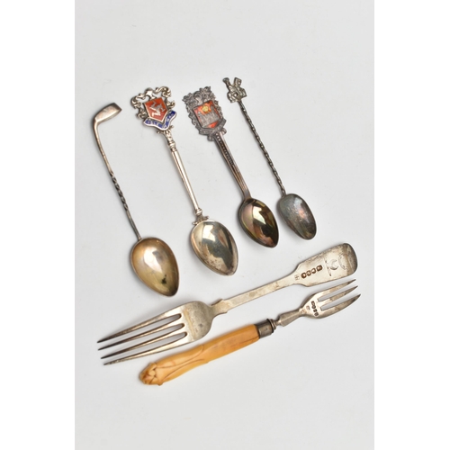 159 - A BAG OF ASSORTED SILVER, to include a silver sauce boat, two silver forks, two silver condiment spo... 