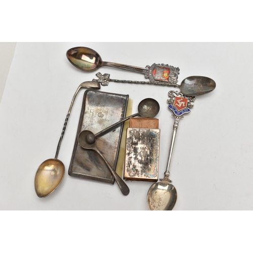 159 - A BAG OF ASSORTED SILVER, to include a silver sauce boat, two silver forks, two silver condiment spo... 