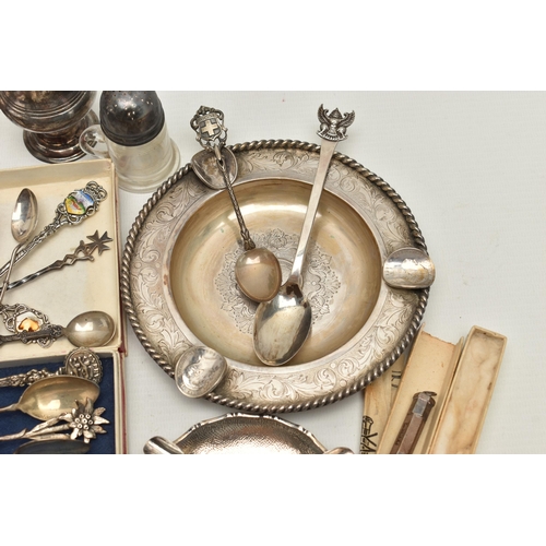 168 - A BOX OF ASSORTED SILVER AND WHITE METAL, to include a pair of silver salt and pepper shakers (with ... 