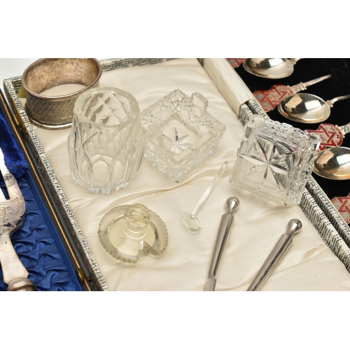 170 - A BOX OF ASSORTED ITEMS, to include a cased set of twelve silver and enamel lodge teaspoons, persona... 