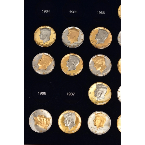 172 - A GLAZED BOXED SET OF ENHANCED KENNEDY HALF DOLLAR COINS, to include gold highlighted with uncircula... 