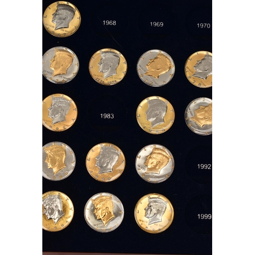 172 - A GLAZED BOXED SET OF ENHANCED KENNEDY HALF DOLLAR COINS, to include gold highlighted with uncircula... 