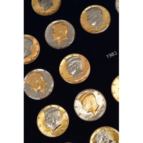 172 - A GLAZED BOXED SET OF ENHANCED KENNEDY HALF DOLLAR COINS, to include gold highlighted with uncircula... 