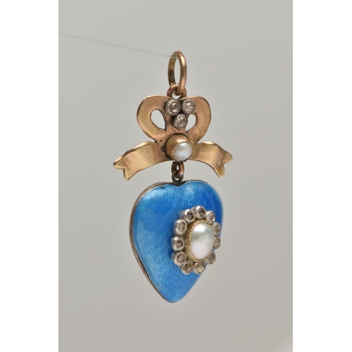 82 - AN EARLY VICTORIAN GOLD ENAMEL, DIAMOND AND PEARL PENDANT, the blue guilloche enamel heart pendant s... 