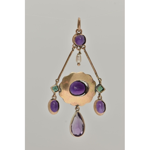 83 - AN AMETHYST, EMERALD AND SPLIT PEARL PENDANT, designed as a central oval amethyst within a split pea... 