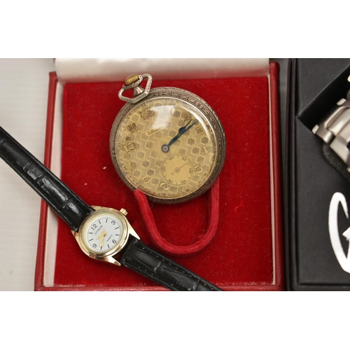 98 - AN ASSORTMENT OF WATCHES AND COSTUME JEWELLERY, to include a white metal open face pocket watch, sig... 