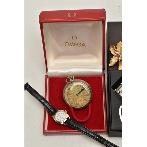 98 - AN ASSORTMENT OF WATCHES AND COSTUME JEWELLERY, to include a white metal open face pocket watch, sig... 