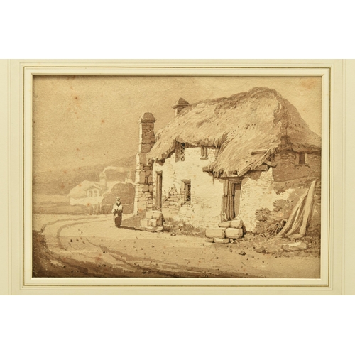 325 - SAMUEL PROUT (1783-1852) 'NEAR TOTNES, DEVON', a sketch depicting a thatched cottage with female fig... 