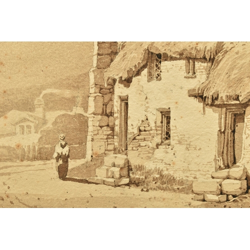 325 - SAMUEL PROUT (1783-1852) 'NEAR TOTNES, DEVON', a sketch depicting a thatched cottage with female fig... 