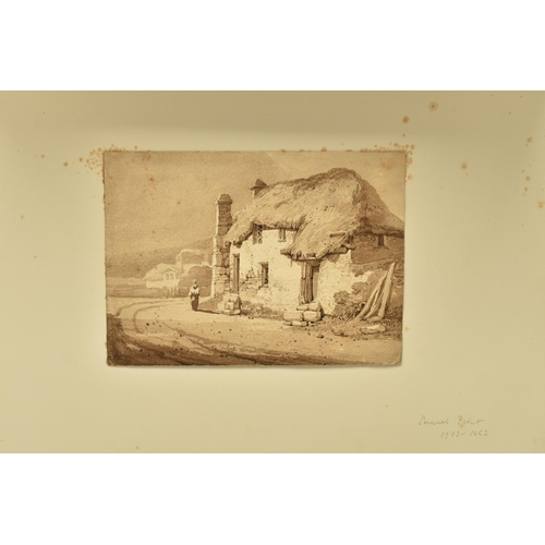 325 - SAMUEL PROUT (1783-1852) 'NEAR TOTNES, DEVON', a sketch depicting a thatched cottage with female fig... 