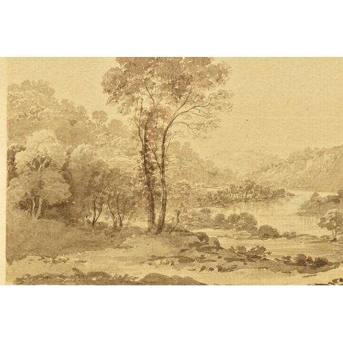 330 - CIRCLE OF JOHN GLOVER (1767-1849) A RIVER LANDSCAPE WITH TREES, a figure is resting beside a rock, u... 