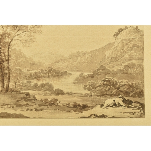 330 - CIRCLE OF JOHN GLOVER (1767-1849) A RIVER LANDSCAPE WITH TREES, a figure is resting beside a rock, u... 