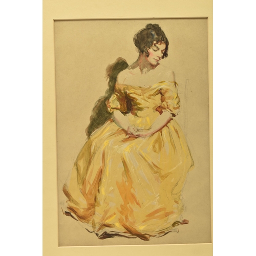 333 - A 19TH CENTURY FULL LENGTH PORTRAIT OF A SEATED FEMALE FIGURE, she wears a yellow dress and is looki... 