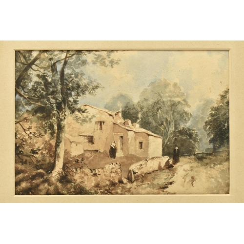 334 - CIRCLE OF HENRY BRIGHT (1814-1873) A ROADSIDE COTTAGE AND TREES, unsigned , watercolour on paper, ap... 