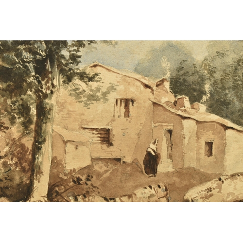 334 - CIRCLE OF HENRY BRIGHT (1814-1873) A ROADSIDE COTTAGE AND TREES, unsigned , watercolour on paper, ap... 