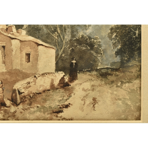 334 - CIRCLE OF HENRY BRIGHT (1814-1873) A ROADSIDE COTTAGE AND TREES, unsigned , watercolour on paper, ap... 