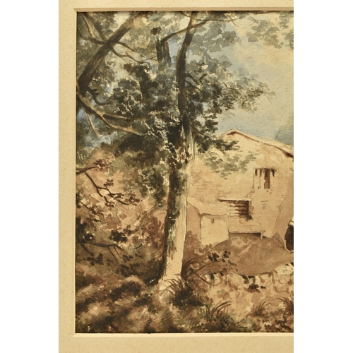 334 - CIRCLE OF HENRY BRIGHT (1814-1873) A ROADSIDE COTTAGE AND TREES, unsigned , watercolour on paper, ap... 