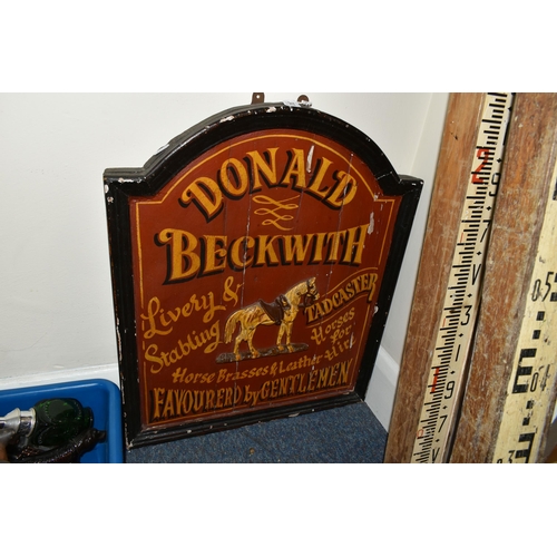 341 - TWO VINTAGE INVERTED SURVEYOR'S MEASURES, together with a reproduction wooden sign, two vintage car ... 