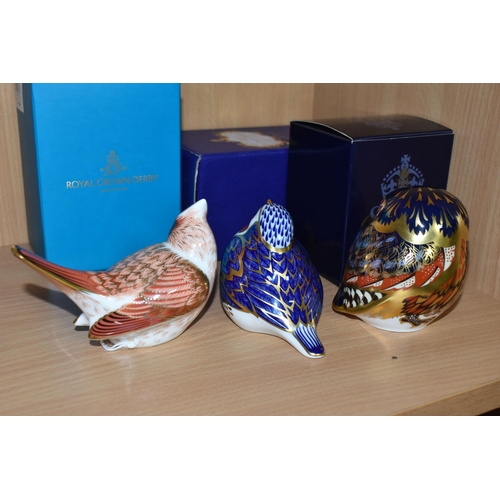 344 - THREE BOXED ROYAL CROWN DERBY BIRD PAPERWEIGHTS, comprising 'Little Owl' with a gold stopper, date c... 