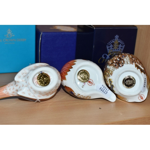 344 - THREE BOXED ROYAL CROWN DERBY BIRD PAPERWEIGHTS, comprising 'Little Owl' with a gold stopper, date c... 