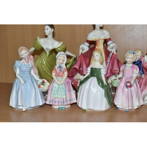 345 - SEVEN ROYAL DOULTON FIGURINES, comprising Southern Belle HN2229, height 20cm, Lynne HN2329, Bedtime ... 