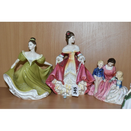 345 - SEVEN ROYAL DOULTON FIGURINES, comprising Southern Belle HN2229, height 20cm, Lynne HN2329, Bedtime ... 