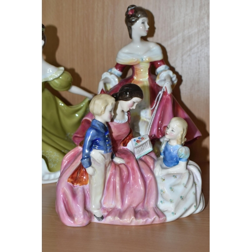 345 - SEVEN ROYAL DOULTON FIGURINES, comprising Southern Belle HN2229, height 20cm, Lynne HN2329, Bedtime ... 