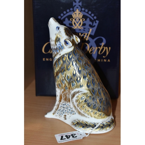 347 - A BOXED ROYAL CROWN DERBY 'WOLF' PAPERWEIGHT, with gold stopper, date cypher 2010, painted and print... 