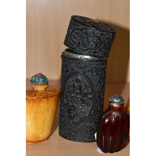 352 - A 19TH CENTURY CHINESE CANTON CARVED TORTOISESHELL OVAL ETUI CASE (INCOMPLETE) AND FIVE MODERN GLASS... 