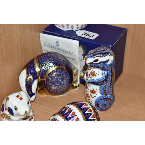 353 - FIVE ROYAL CROWN DERBY PAPERWEIGHTS, comprising a boxed 'Hamster' with a gold stopper and date cyphe... 