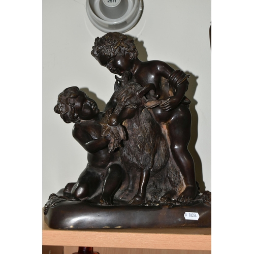 358 - A GROUP OF BRONZED FIGURES, comprising a large bronze figure group Putti and a goat, indistinctly si... 