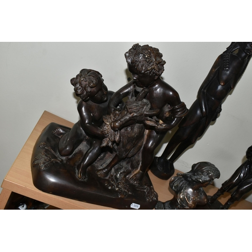 358 - A GROUP OF BRONZED FIGURES, comprising a large bronze figure group Putti and a goat, indistinctly si... 