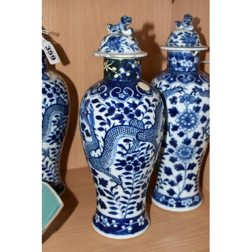 359 - A NEAR SET OF THREE 19TH CENTURY CHINESE BLUE AND WHITE PORCELAIN BALUSTER VASES WITH MATCHED COVERS... 