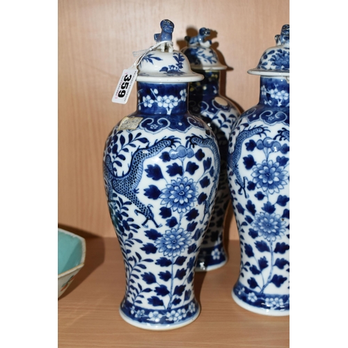 359 - A NEAR SET OF THREE 19TH CENTURY CHINESE BLUE AND WHITE PORCELAIN BALUSTER VASES WITH MATCHED COVERS... 