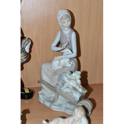 361 - A GROUP OF FIGURINES, comprising a Lladro 'Girl With wheelbarrow and lamb' 4816, a Lladro Daisa 4670... 