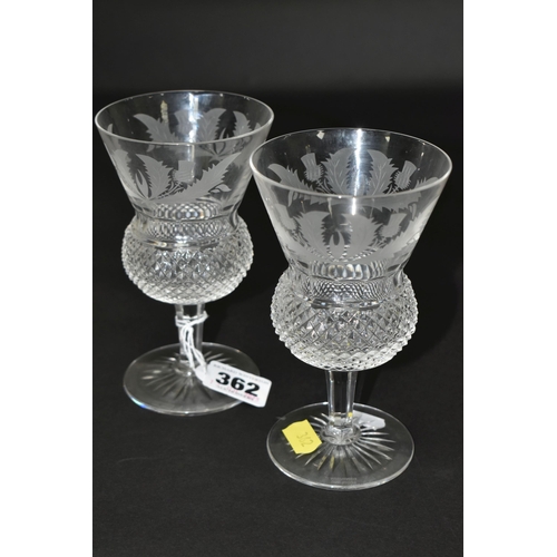 362 - A SET OF SIX EDINBURGH CRYSTAL THISTLE GLASSES, engraved and hobnail cut design (6) (Condition repor... 