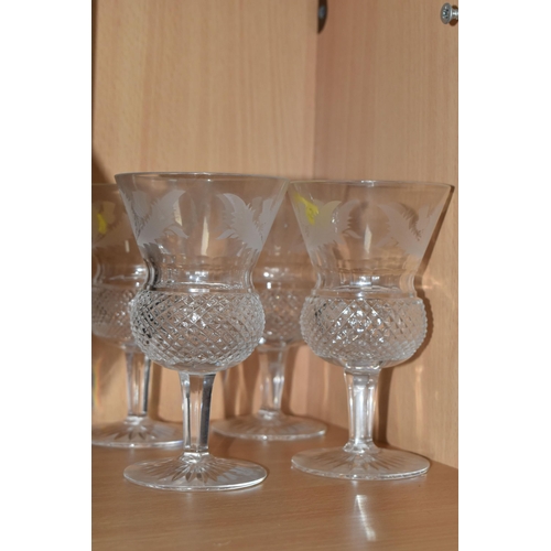 362 - A SET OF SIX EDINBURGH CRYSTAL THISTLE GLASSES, engraved and hobnail cut design (6) (Condition repor... 