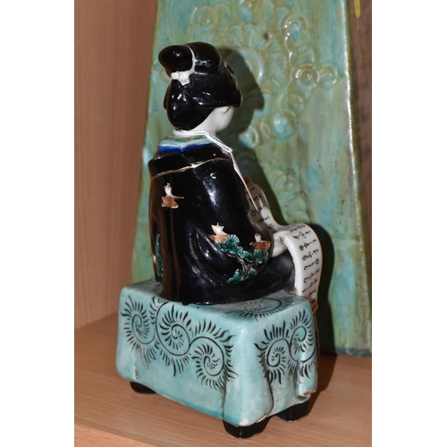 365 - A PORCELAIN JAPANESE KUTANI GEISHA FIGURE, seated Geisha studying, height 23cm, together with a larg... 