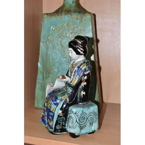 365 - A PORCELAIN JAPANESE KUTANI GEISHA FIGURE, seated Geisha studying, height 23cm, together with a larg... 