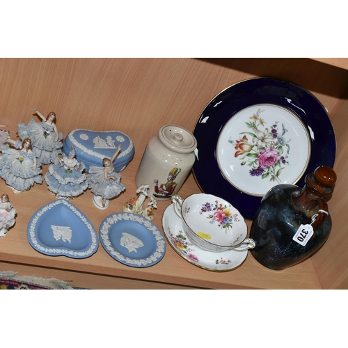 370 - A ROYAL DOULTON BIG BEN SCOTCH WHISKY DECANTER, DRESDEN BALLERINAS AND WADE FIGURES, comprising a Vi... 