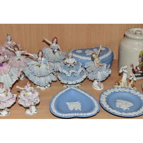 370 - A ROYAL DOULTON BIG BEN SCOTCH WHISKY DECANTER, DRESDEN BALLERINAS AND WADE FIGURES, comprising a Vi... 