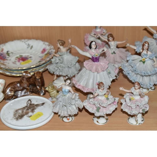 370 - A ROYAL DOULTON BIG BEN SCOTCH WHISKY DECANTER, DRESDEN BALLERINAS AND WADE FIGURES, comprising a Vi... 