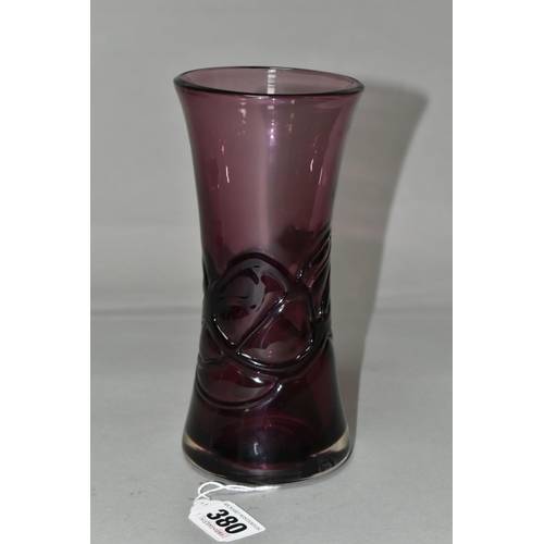 380 - A WHITEFRIARS RANDOM STRAP DESIGN VASE, aubergine colour, pattern number 9797 designed by Geoffrey B... 