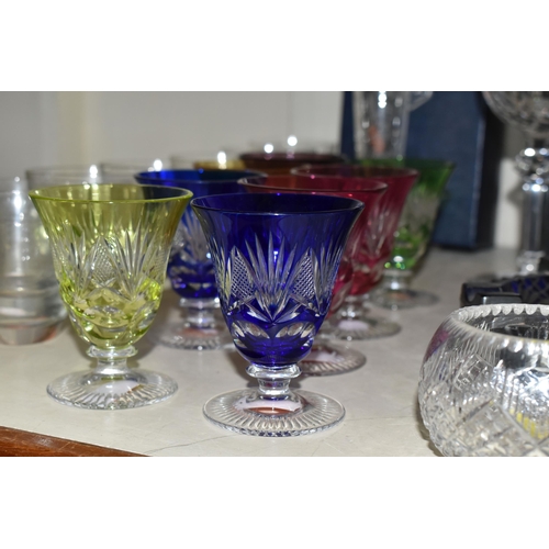 381 - A GROUP OF GLASS WARES, to include a cased pair of Waterford Crystal wine goblets in the Curraghmore... 