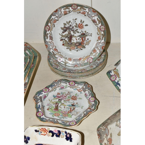 390 - A GROUP OF MASON'S DINNER WARES, comprising nineteenth century pieces in the 'Table and Flower Pot' ... 