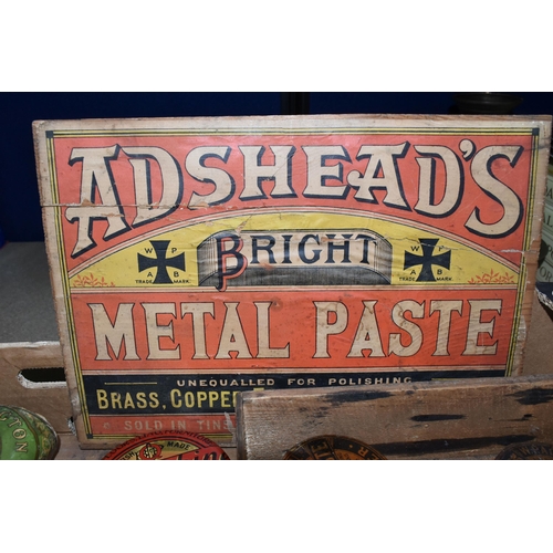 400 - A VINTAGE WOODEN ADSHEAD'S BRIGHT METAL PASTE BOX, containing a quantity of Adshead's Bright metal P... 