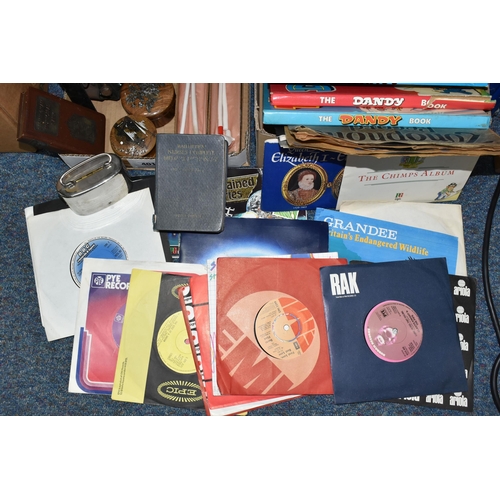 401 - THREE BOXES AND LOOSE CLOCK, COACH LAMP, BOOKS, RECORDS AND SUNDRY ITEMS, to include a twentieth cen... 