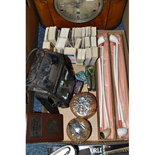 401 - THREE BOXES AND LOOSE CLOCK, COACH LAMP, BOOKS, RECORDS AND SUNDRY ITEMS, to include a twentieth cen... 