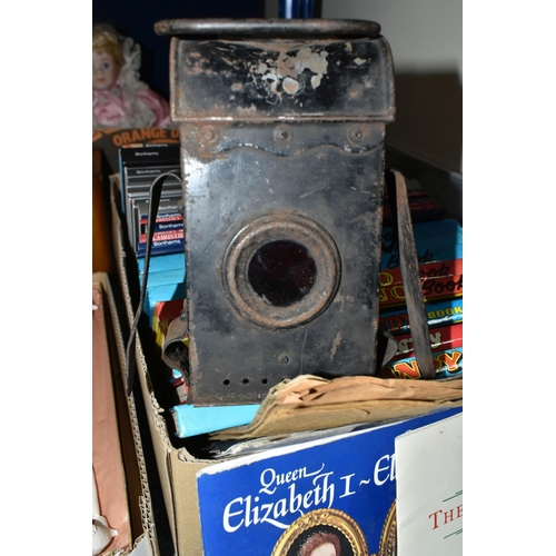 401 - THREE BOXES AND LOOSE CLOCK, COACH LAMP, BOOKS, RECORDS AND SUNDRY ITEMS, to include a twentieth cen... 